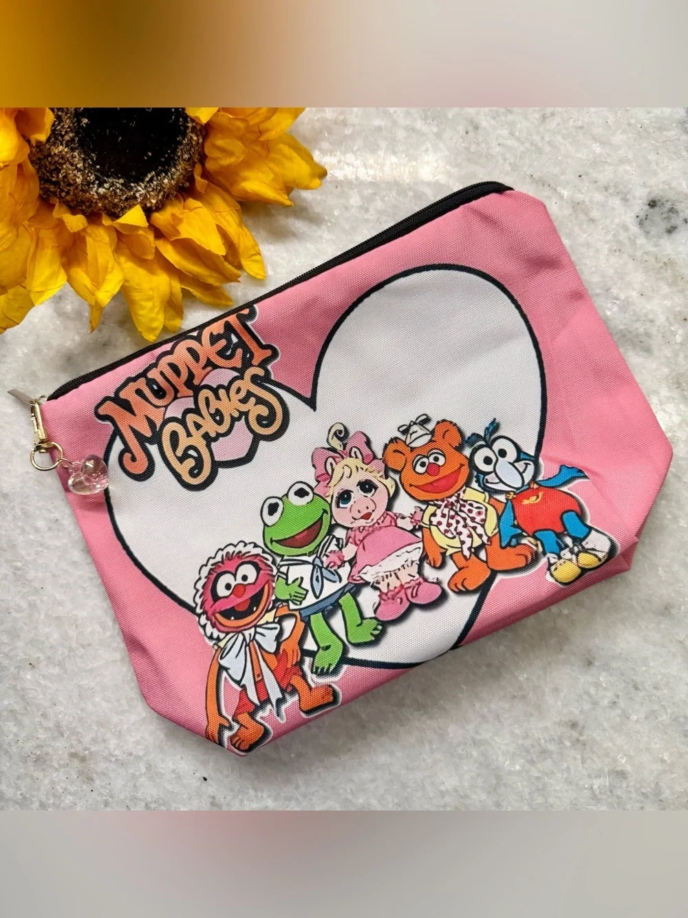 New Retro 80s Style Muppet Babies Makeup Tech Pencil Zippered Bag w/ Charm 9”x7”